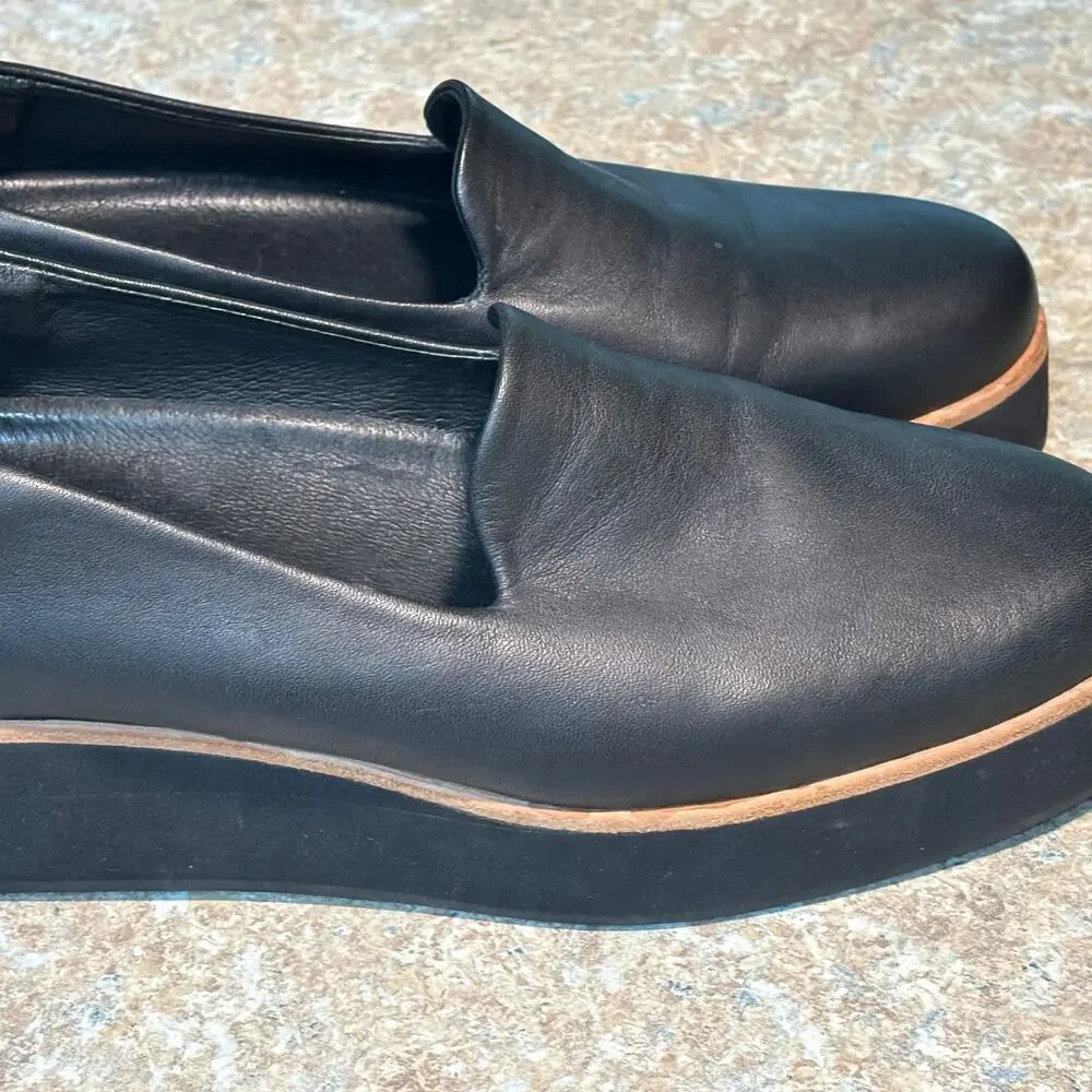 Gram Svarta Black Platform Flat Slip on Leather Loafers Shoes Size 7.5